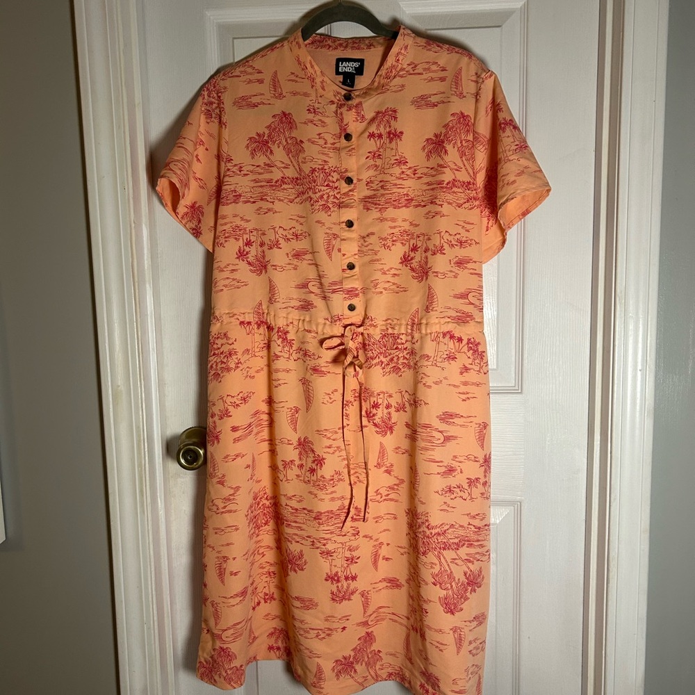 Lands End Women’s Large Tropical Theme Dress  Button Drawstring Modest Pink - Picture 2 of 11